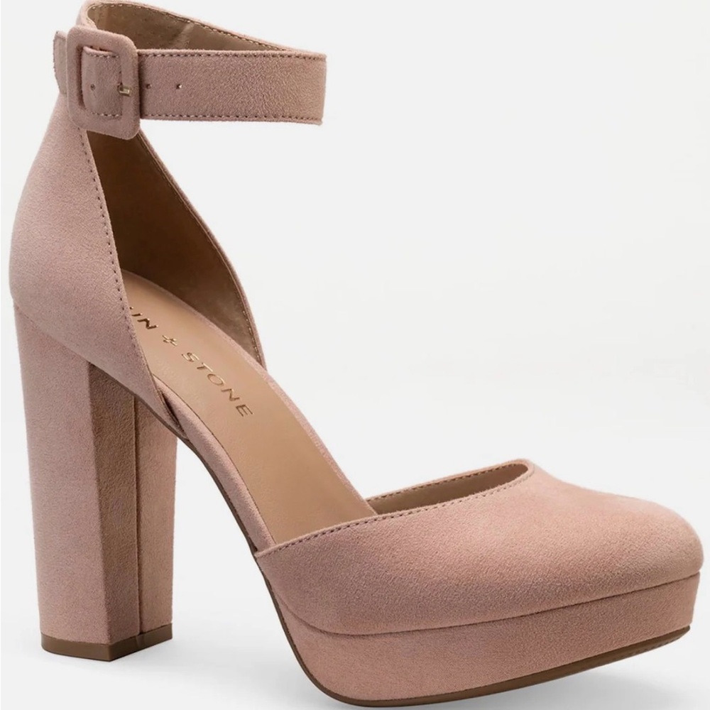 NWOT Sun + Stone Estrella Blush Ankle Strap Block Heels